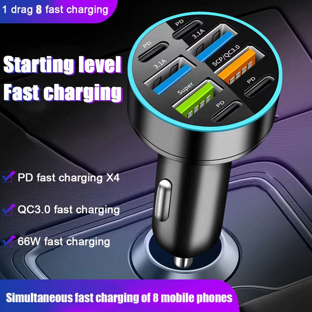 Digital Display Car Charger with 4 USB Ports and 66W Fast Charging PD Adapter for Mobile Phones