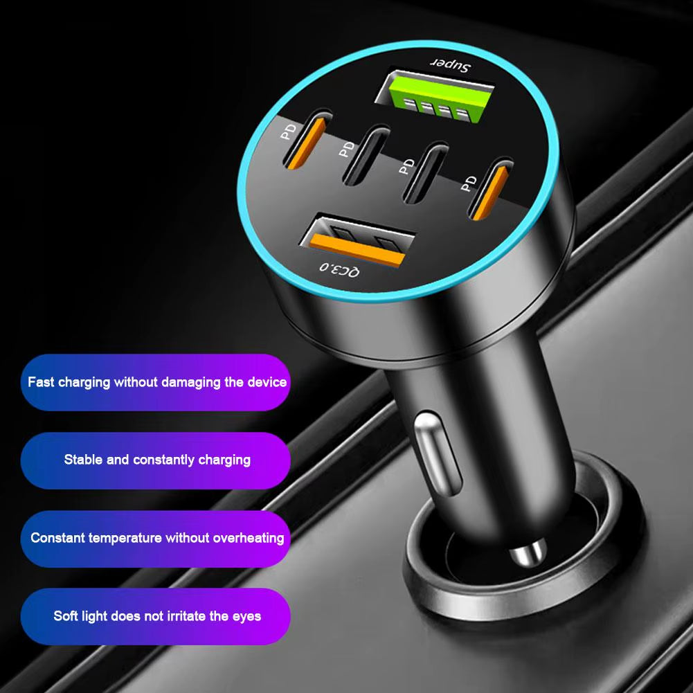 Digital Display Car Charger with 4 USB Ports and 66W Fast Charging PD Adapter for Mobile Phones