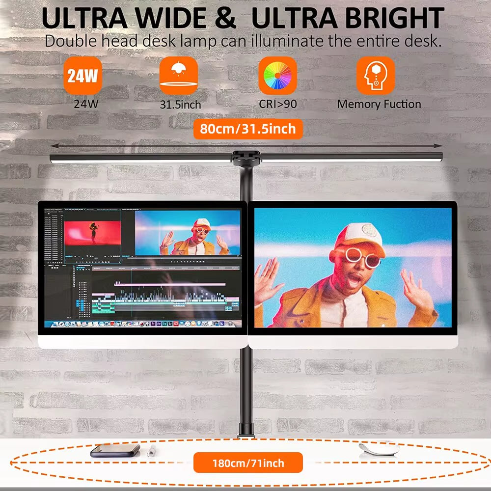 Dual-Head LED Clip-On Desk Lamp with Remote Control - Architect-Style Lighting for Home Office, Featuring 5 Color Modes and 5 Dimming Levels