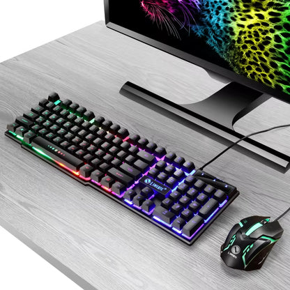 USB Wired Gaming Keyboard and Mouse Set with Rainbow LED Backlighting for PC - Gamer Combo Kit for Home and Office Use