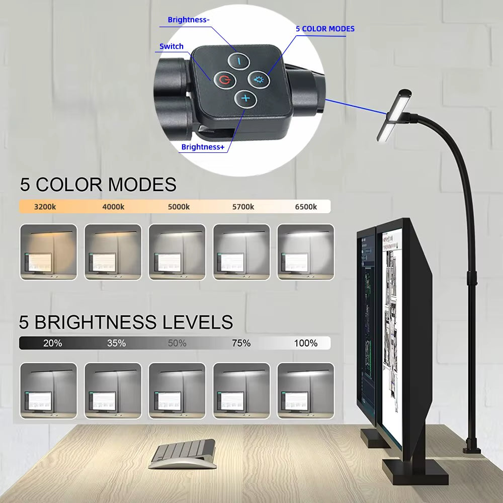 Dual-Head LED Clip-On Desk Lamp with Remote Control - Architect-Style Lighting for Home Office, Featuring 5 Color Modes and 5 Dimming Levels