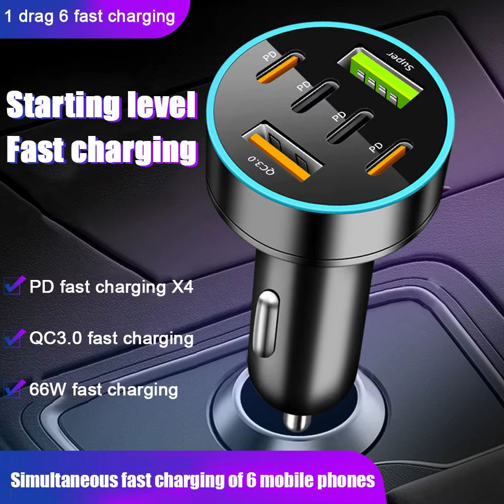 Digital Display Car Charger with 4 USB Ports and 66W Fast Charging PD Adapter for Mobile Phones