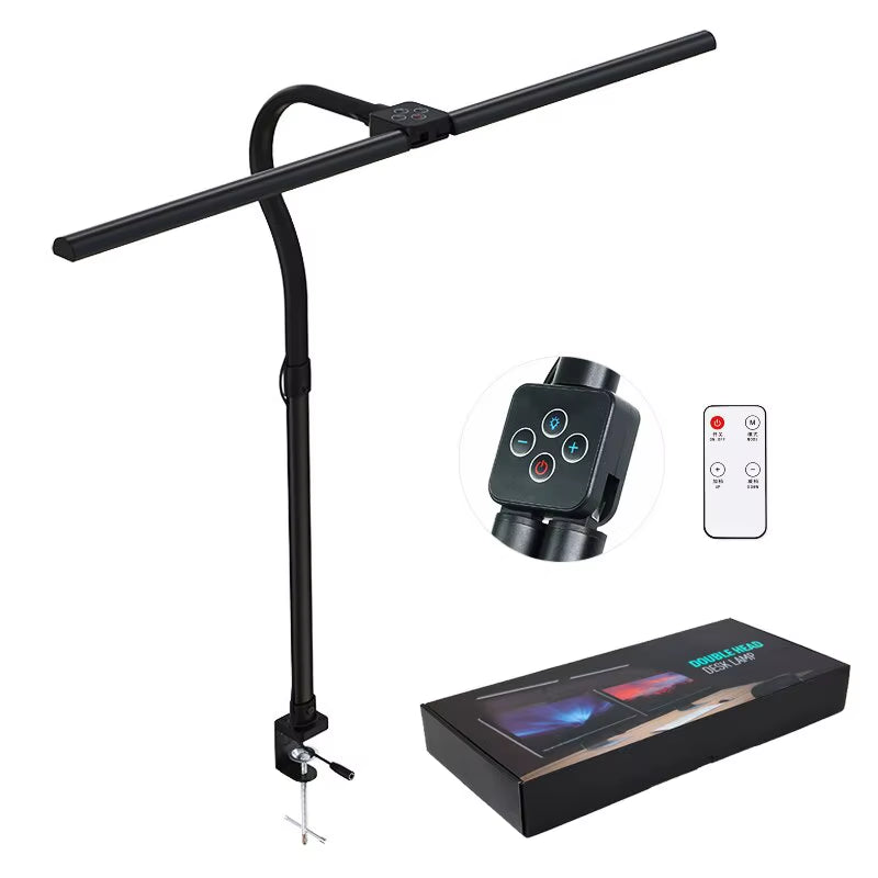 Dual-Head LED Clip-On Desk Lamp with Remote Control - Architect-Style Lighting for Home Office, Featuring 5 Color Modes and 5 Dimming Levels