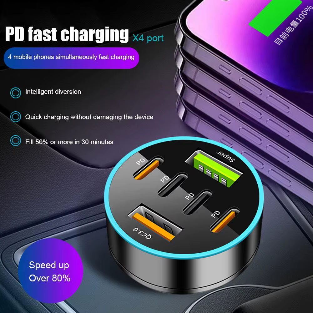 Digital Display Car Charger with 4 USB Ports and 66W Fast Charging PD Adapter for Mobile Phones